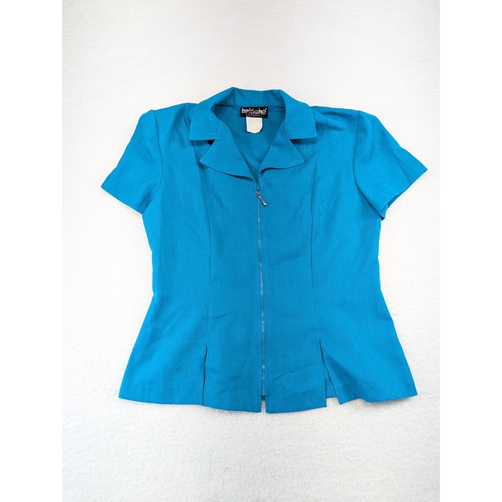 Vintage 90's Women's Brioche Collard Full Zip Shorts Sleeve Blue‎ Top 11/12